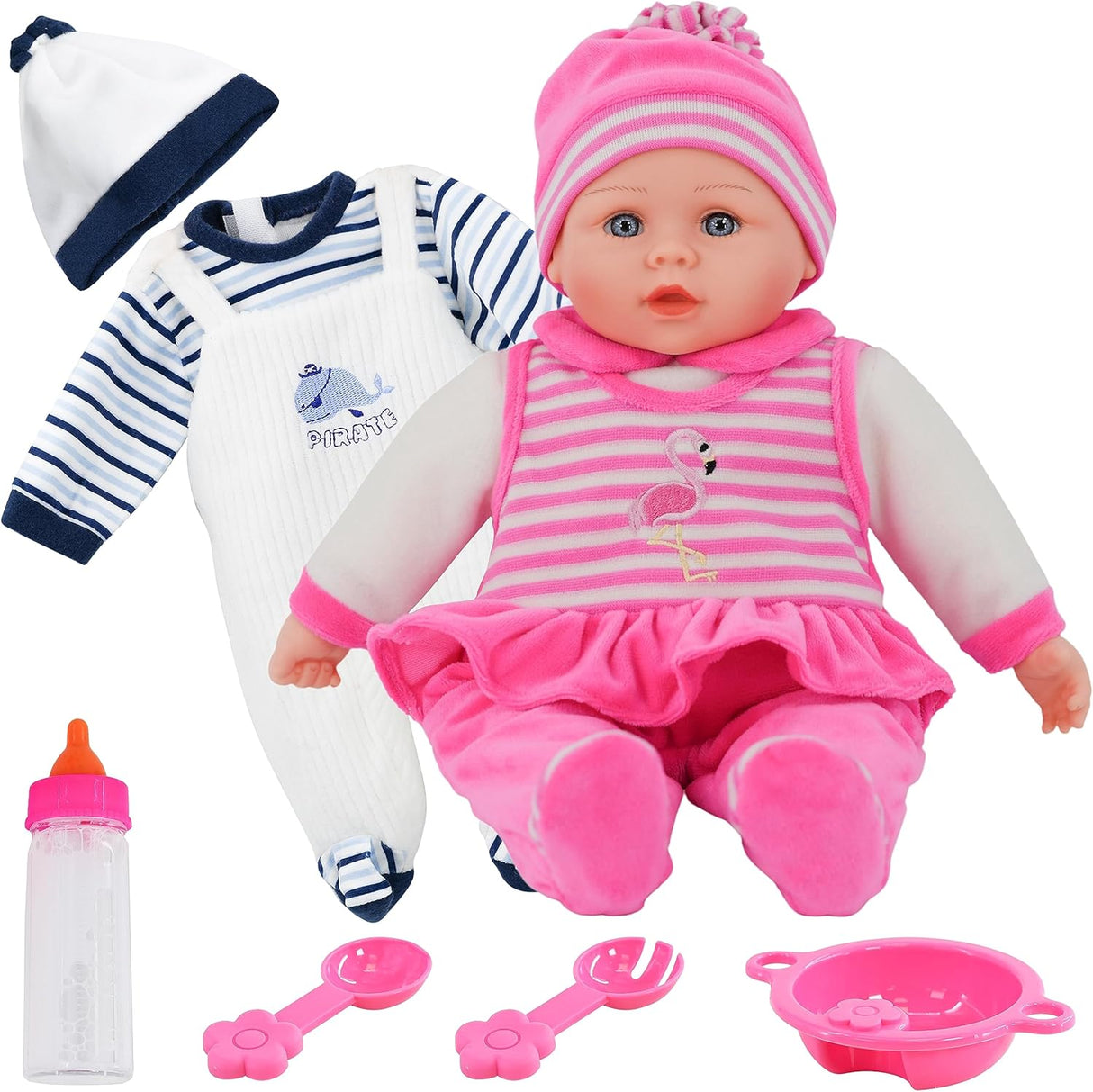 Bibi Doll - Baby Girl Doll Toy & Extra Boy Outfit 16" With Sounds Feeding Set & Magic Bottle.