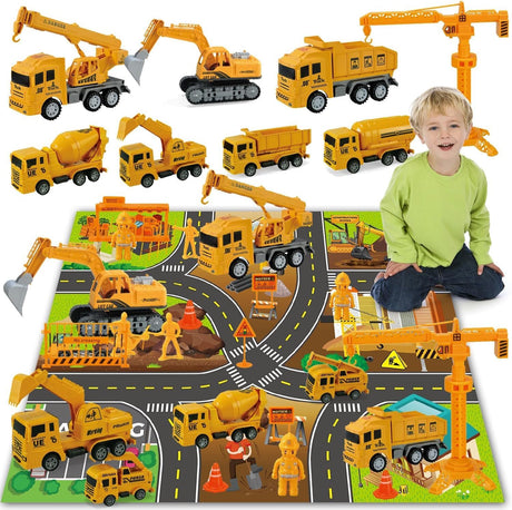 Jiakora Construction Vehicle Toy Truck w/Play Mat Road Signs, Dump Trucks, Excavator, Cement Mixer Trucks, Crane, Engineering Vehicles Toys Set for 3 4 5 6 Years Old Toddlers Kids Boys & Girls.