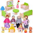 Tacobear Wooden Dolls House Accessories with 8 Family Dolls Figures, Dolls House Furniture, 2 Pets, Dollhouse Living Room and Dolls House People Kids Pretend Play Toys for Girls 3+ Years.