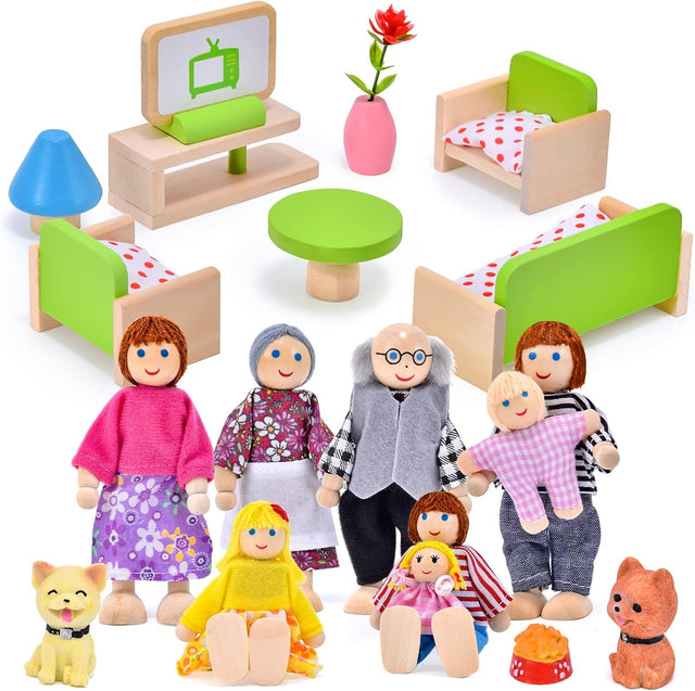 Tacobear Wooden Dolls House Accessories with 8 Family Dolls Figures, Dolls House Furniture, 2 Pets, Dollhouse Living Room and Dolls House People Kids Pretend Play Toys for Girls 3+ Years.