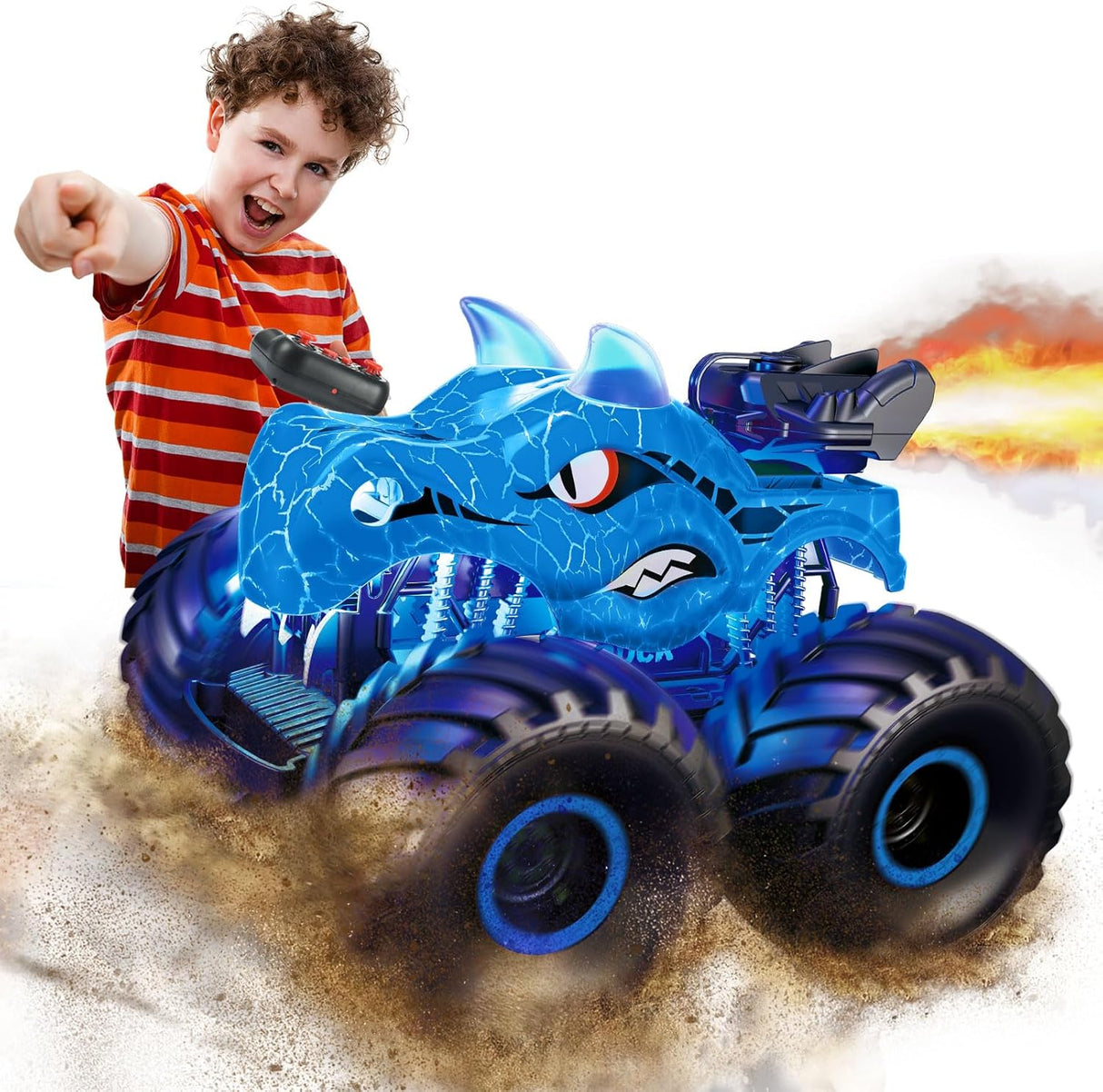 HappyGoLucky Dinosaur Remote Control Cars for Kids, Kids Toys Age 3 4 5 6 7 8 Year Old Boy Monster Truck 3-9 Boys Birthday Gifts Outdoor Car Blue.