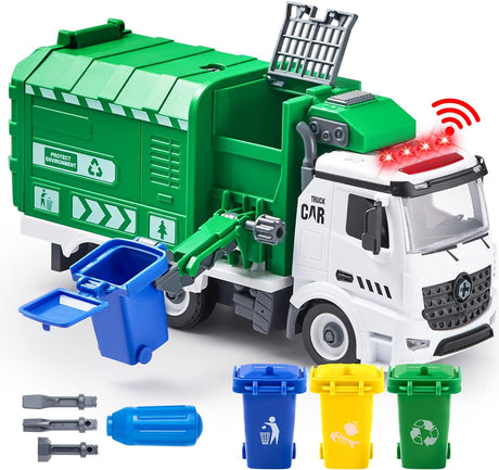 JOYIN Jumbo Take Apart Friction Powered Side-Dump Recycling Garbage Truck Toy with Light and Sounds, 3 Trash Cans, Screwdriver Toys, for DIY Assembly.