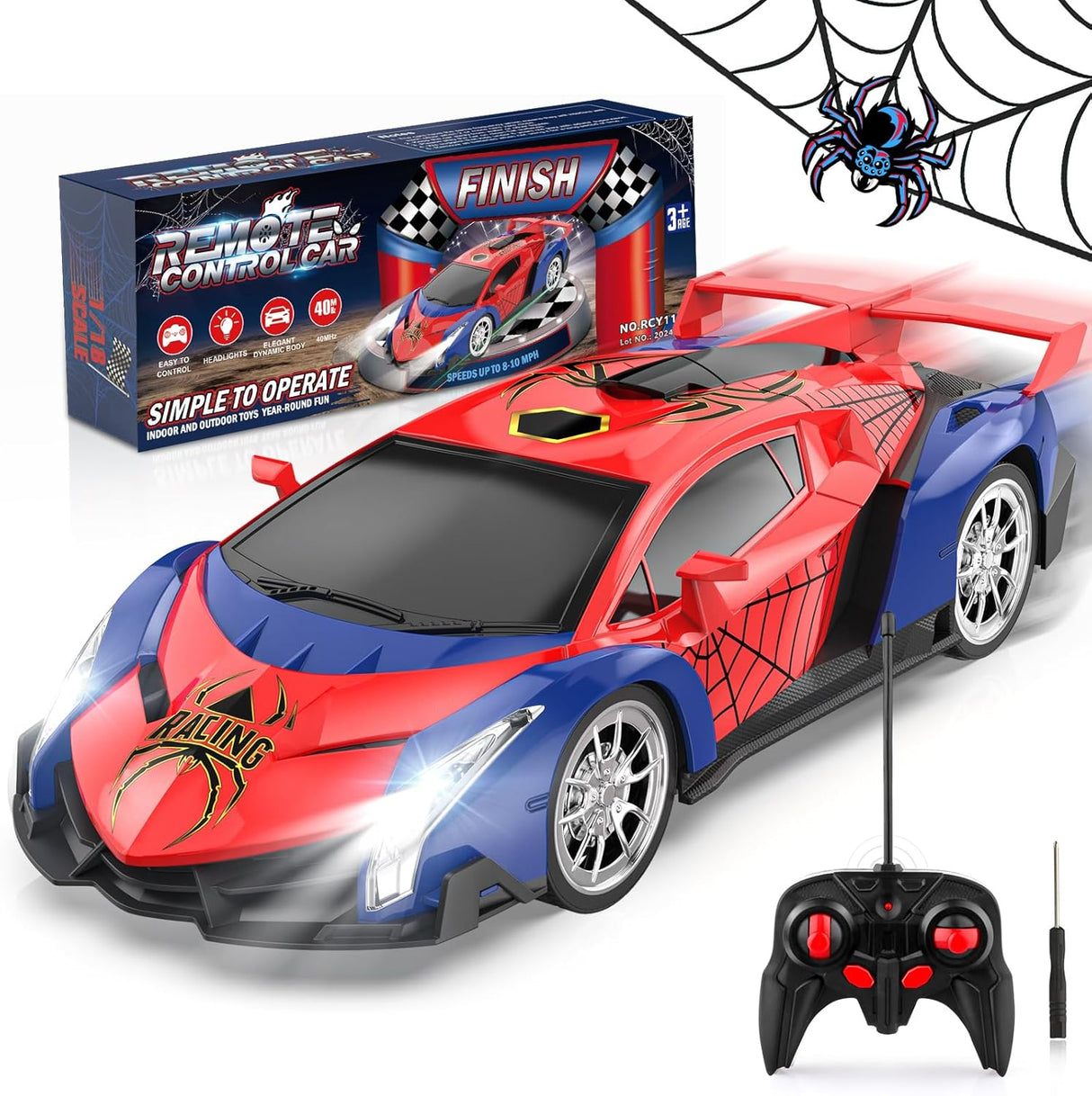 Boocang Remote Control Cars Spider Toys for 3 4 5 6 7 8 Year Old Boys 1:18 High Speed Sports Racing Drift RC Car with LED Light Boys Girls Gifts Age 3-12 Kids Toy Birthday Presents Indoor Outdoor Game.