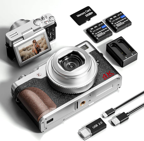 NBD Digital Camera for Photography,4K 56MP Vlogging Camera for YouTube, 180°Flip Screen Digital Point and Shoot Camera with 16X Zoom, Compact Camera for Beginner with 32GB SD Card (Silver).