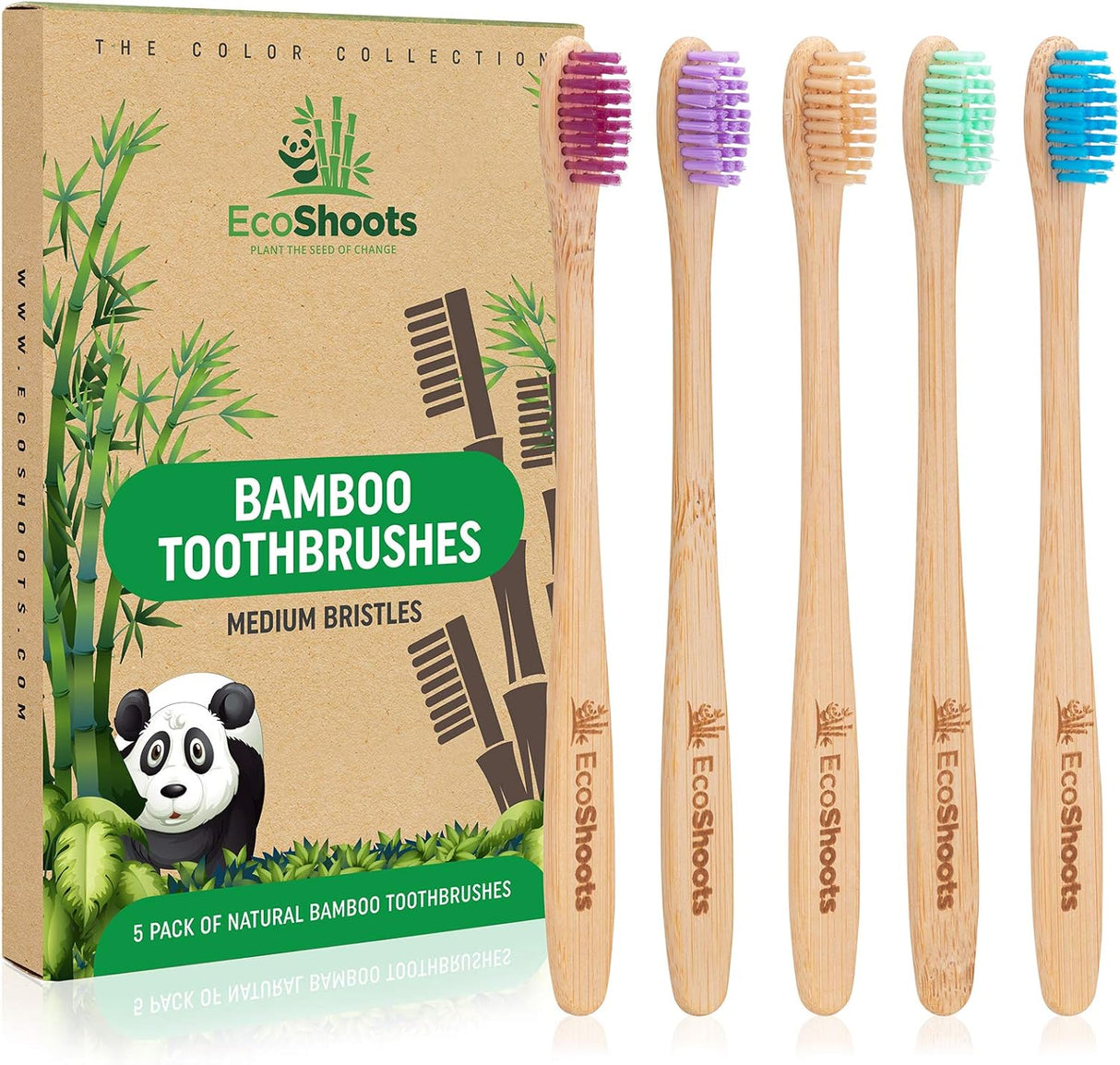 EcoShoots Adults Bamboo Toothbrushes with Medium Bristles | Family Pack of 5 Natural Bamboo Toothbrush | Eco-Friendly Natural Wooden Toothbrush | Organic Biodegradable Handle | BPA Free Tooth Brushes.