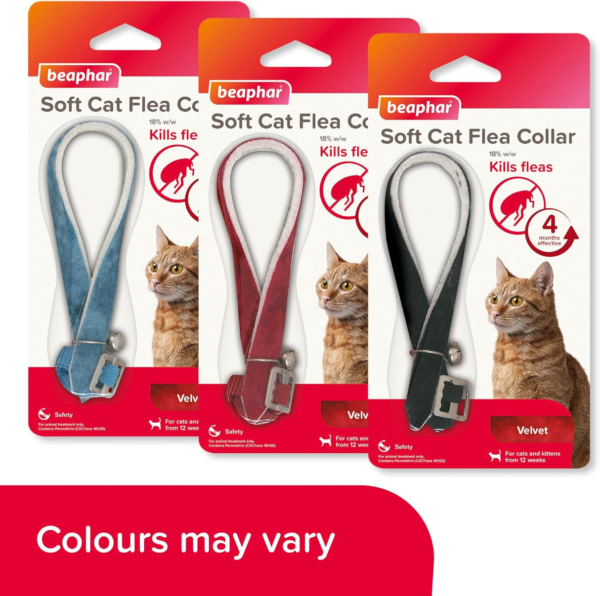 Beaphar, Soft Flea Collar for Cats, Kills Fleas For up to 4 Months, Veterinary Medicine, Adjustable With Safety Mechanism, For Cats From 12 Weeks of Age, 1 x Velvet Collar, Colours May Vary