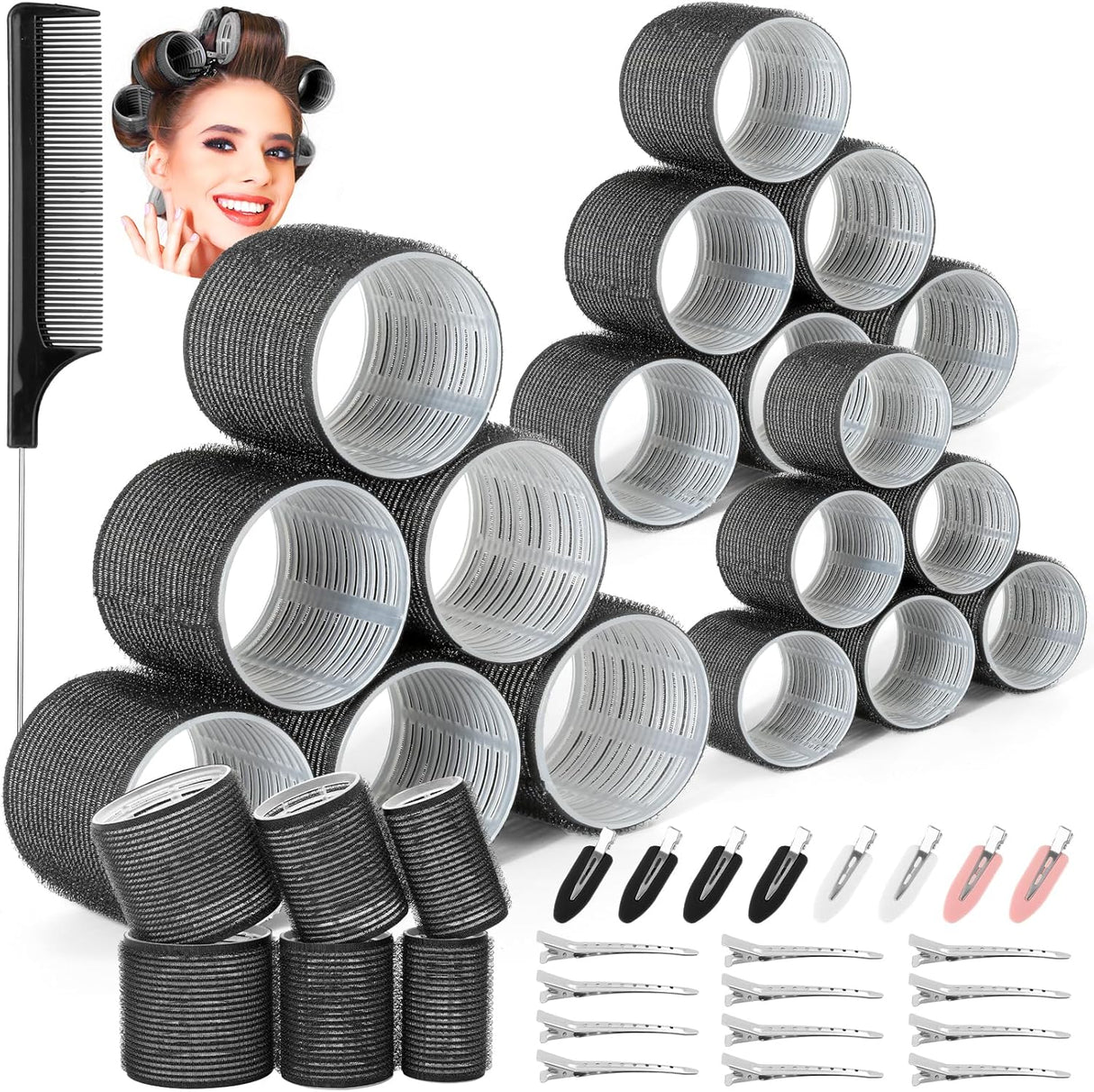 Thrilez 39PCS Hair Curlers Rollers with Clips Black Hair Roller with 3 Sizes 64mm 44mm 33mm, Jumbo Hair Roller with 12PCS Duckbill Clips Hair Rollers for Long Medium Short Thick Fine Volume Bangs Hair.