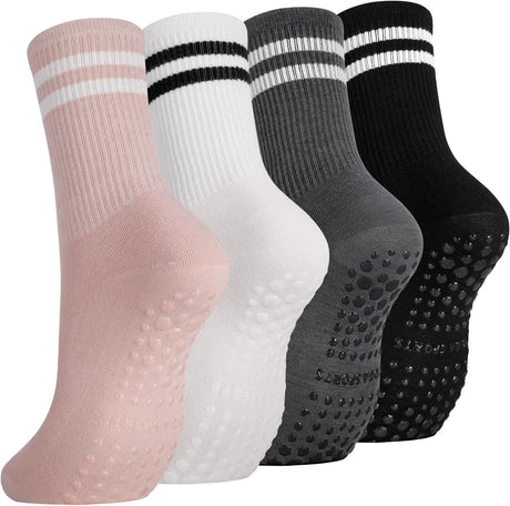 Zuimei 4 Pairs Yoga Grip Socks Women, Non Slip Pilates Socks Grippy Socks Ladies Mid-Calf Grip Socks Breathable Cotton Socks for Ballet, Dance, Workout, Fitness, Running(1_year light color).