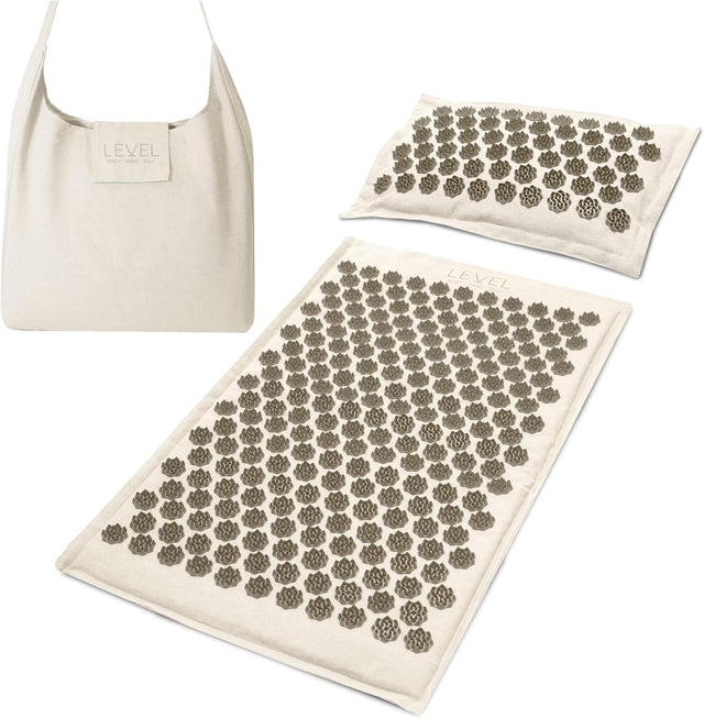 Level Body Mind Soul - Acupressure Mat and Pillow Set, Coconut and Linen - Acupressure Mat for Back and Head, with Carrying Bag Included - Acupuncture Mat for Stress and Tension Relief.