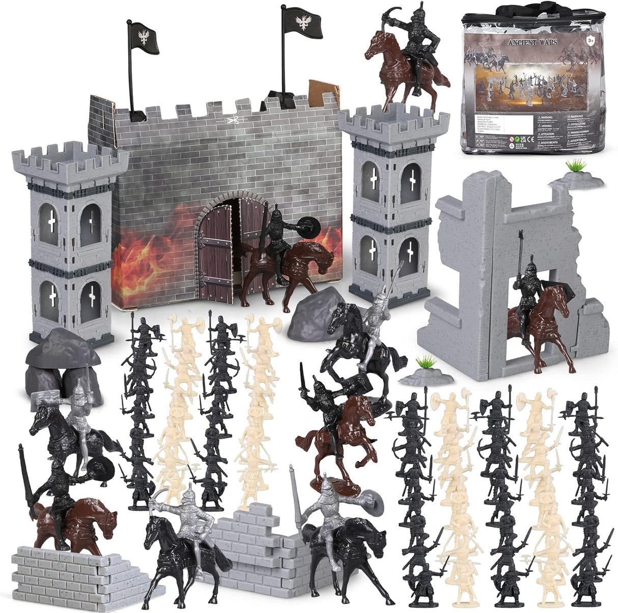 Medieval Castle Knights Toys 254PCS Ancient Soldier Warriors Figures Toy Army Men Action Figure Playset Plastic Military Base Set Toy with Cavalry Arrow Tower Storage Bag for Boys Girls Kids.