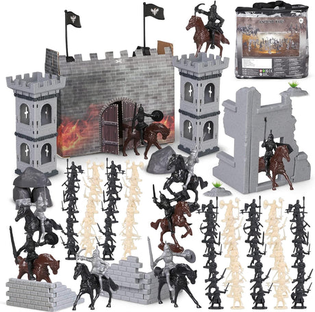 Medieval Castle Knights Toys 254PCS Ancient Soldier Warriors Figures Toy Army Men Action Figure Playset Plastic Military Base Set Toy with Cavalry Arrow Tower Storage Bag for Boys Girls Kids.