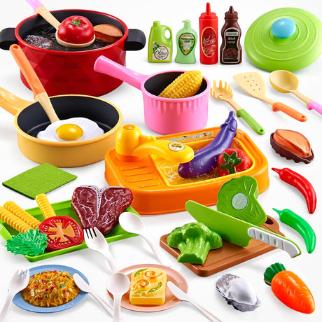 Kopi Corgi Kids Pretend Play Kitchen Accessories Set,47PCS Role Play Toy Kitchen Accessories with Cookware Pot& Pan&Kitchen Play Sink Sets for Kids,Play Food Kids Kitchen Gift For Boys Girls Age 3+.