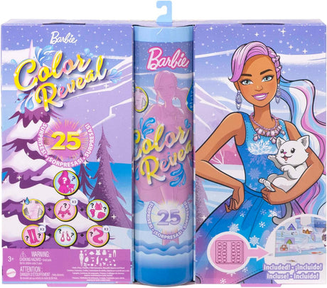 Barbie Color Reveal Advent Calendar, 1 Color Reveal Doll & 3 Pets, Clothes, Accessories & 2 Hair Extensions, 25 Surprises, Holiday Gifts for Kids, HJD60.