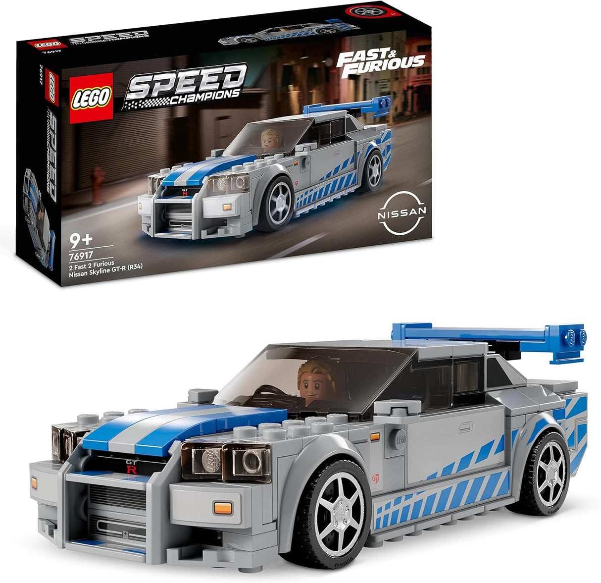 LEGO Speed Champions 2 Fast 2 Furious Nissan Skyline GT-R (R34) Set, Race Car Toy Model Building Kit for 9 Plus Year Old Boys & Girls, with Racer Minifigure, Collectible Gift for Kids 76917.