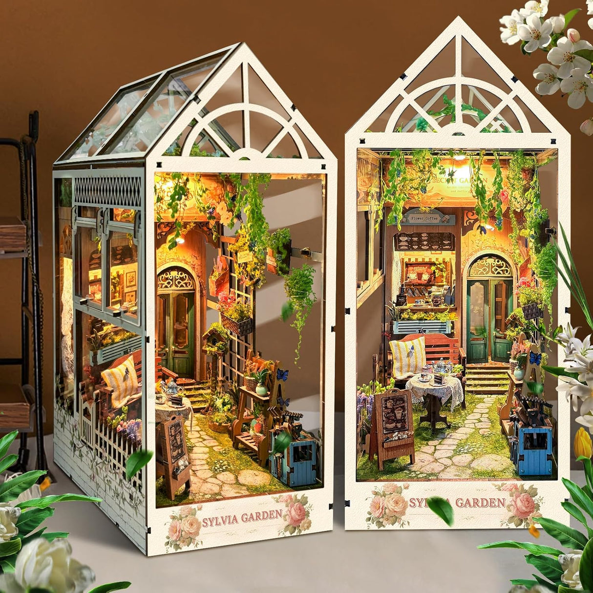 DIY Book Nook Kit, MOJINO DIY Miniature Dollhouse Kit Decoration 3D Wooden Puzzle Handmade Crafts for Adults With LED Light Bookshelf Insert Decor (Sunshine Garden).