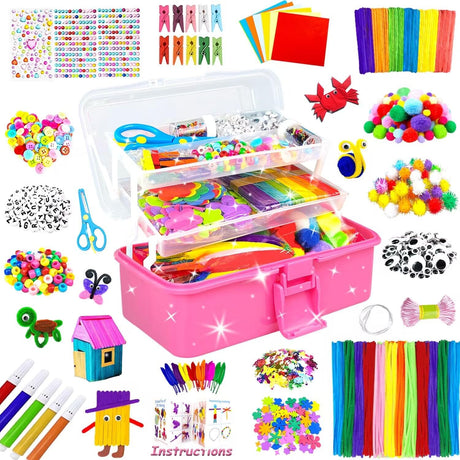 3000 Arts and Crafts Supplies for Kids Craft Kit All in 3 Layered Craft Box with Pipe Cleaners Crafts for Kids Age 4-6, 6-8, 8-12 DIY School Supplies Materials Set Toys Gifts for Girls Boys, Red.