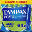 Tampax Compak Pearl Tampons, Super with Applicator, 64 Tampons (16 x 4 Packs), Leak Protection and Discretion.