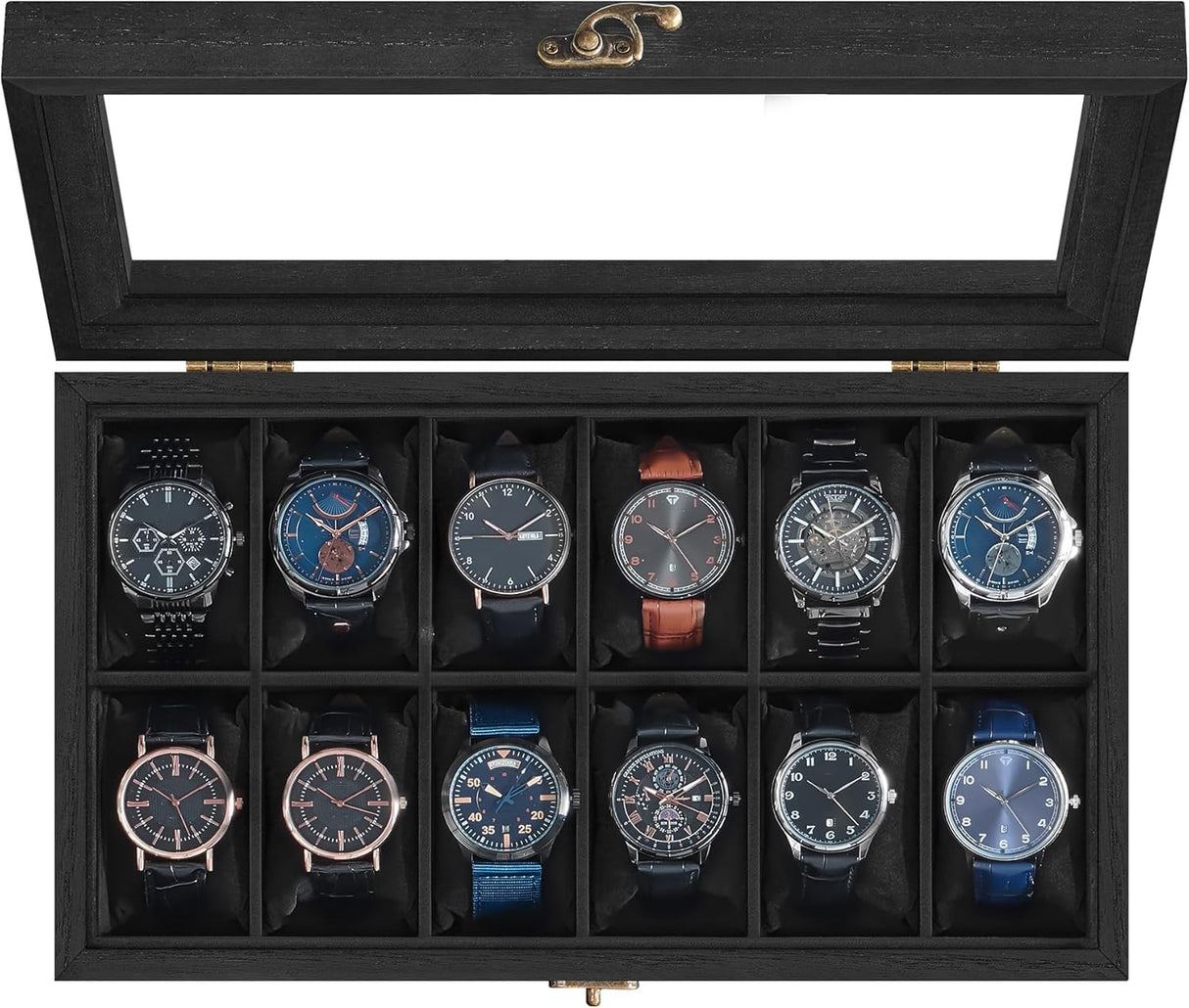 SONGMICS Watch Box with 12 Slots, Watch Case, Solid Wood Watch Box Organiser with Glass Lid, Watch Display Box with Removable Pillows, Gift Idea, Ebony Black JOW120B01.