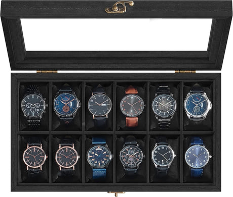 SONGMICS Watch Box with 12 Slots, Watch Case, Solid Wood Watch Box Organiser with Glass Lid, Watch Display Box with Removable Pillows, Gift Idea, Ebony Black JOW120B01.