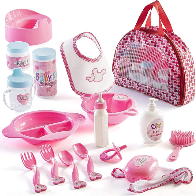 Prextex 18-Piece Baby Doll Accessories Set with Carrying Case - The Ultimate Stocking Filler for Kids, Toddlers, and Girls - Includes Everything for Lifelike Baby Doll Playtime Fun.