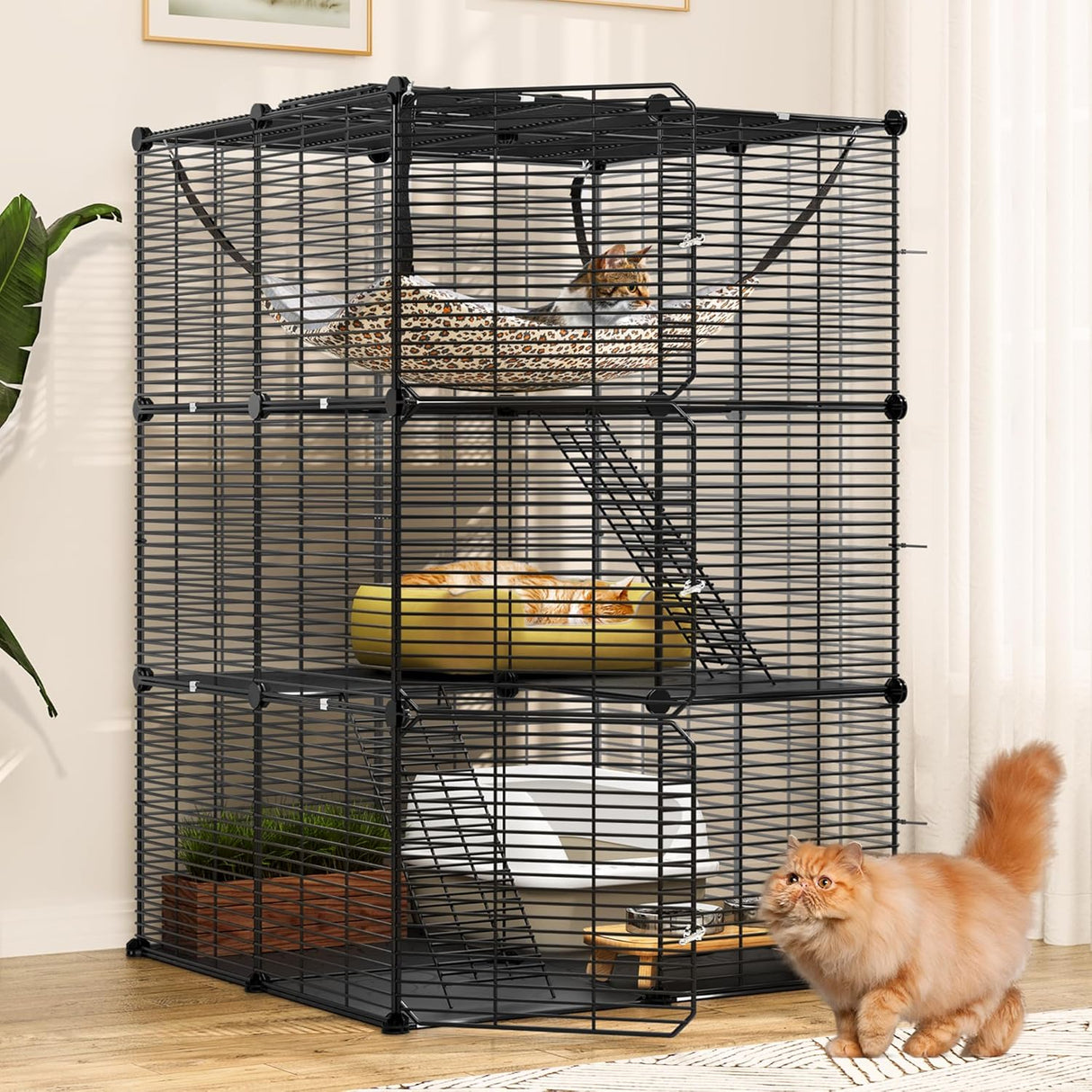 YITAHOME Cat Cage Indoor Cat Enclosures 3-Tiers DIY Cat Playpen, Cat Cage with Metal Wire Dense, Cat Kennel with Extra Large Hammock for 1-2 Cats, Ferret, Chinchilla, Rabbit, Small Animals, Black