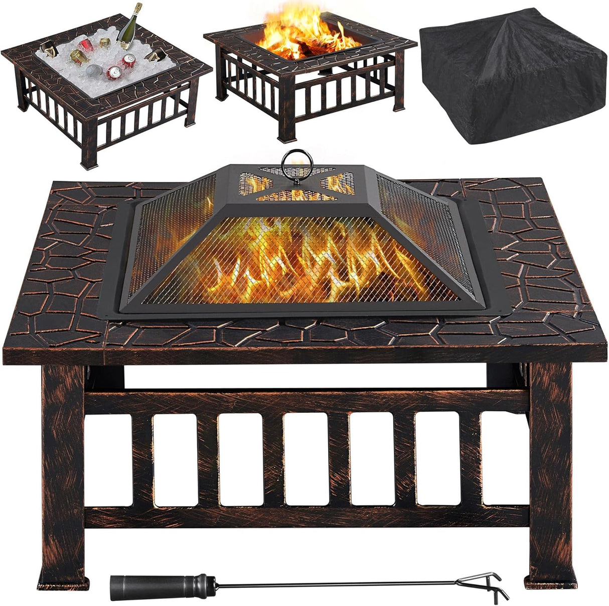 Yaheetech Outdoor Fire Pit 81cm Square Fire pits 3-in-1 Heat-resistant Metal Garden Stove for Barbecue, Heating, Cooling Drinks with Cover & Poker, Black