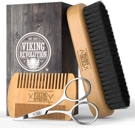 Viking Revolution - Beard Brush For Men - Natural Boar Bristle Brush And Dual Action Pear Wood Beard Combs With Velvet Travel Pouch - Gifts for Men - 3 Pieces.