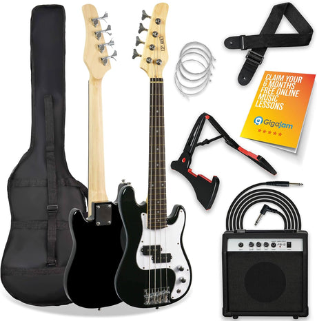 3rd Avenue Electric Bass Guitar Pack, Black - Includes 15W Amp, Bag, Cable, Strap, Stand and Spare Strings.