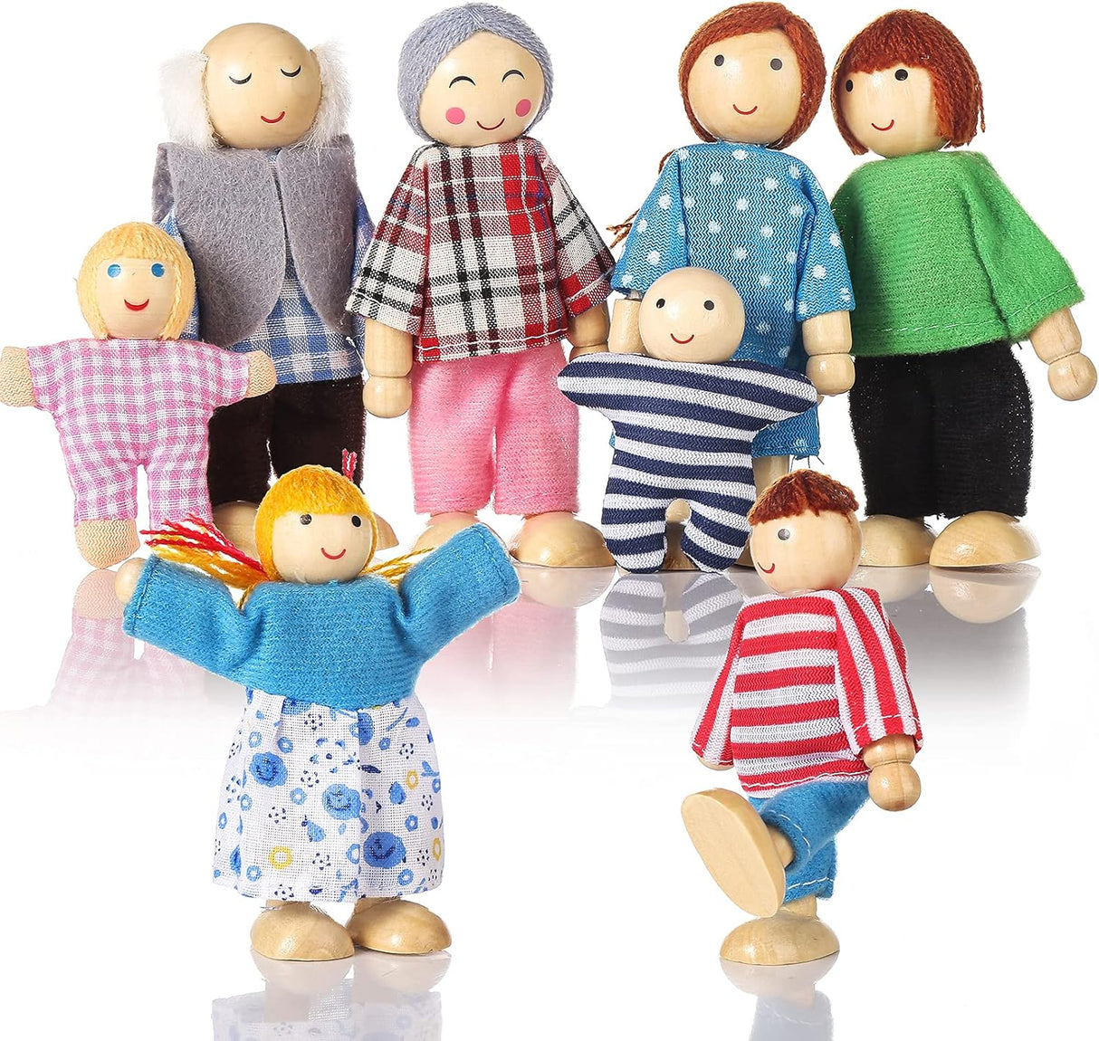 Jzszera Dolls House People Family of 8 Wooden Figure Set, Small Wooden Dolls Toys for Children Girls.