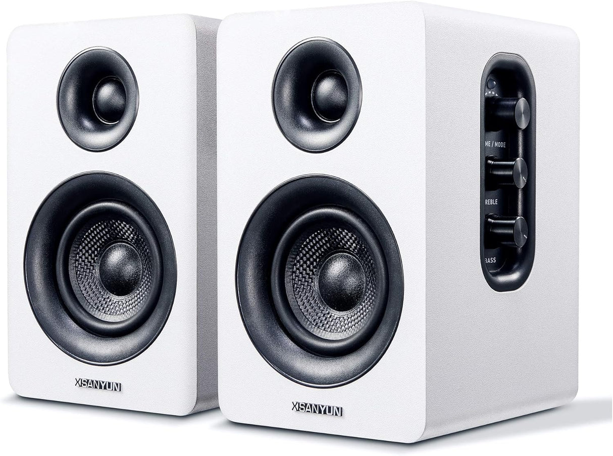 Sanyun SW208 3" Active Bluetooth 5.0 Bookshelf Speakers – 60W Carbon Fiber Unit - Built-in 24bit DAC - Dynamic 3D Surround Sound – 2.0 Computer PC Monitor Gaming Speakers (Pair, White).