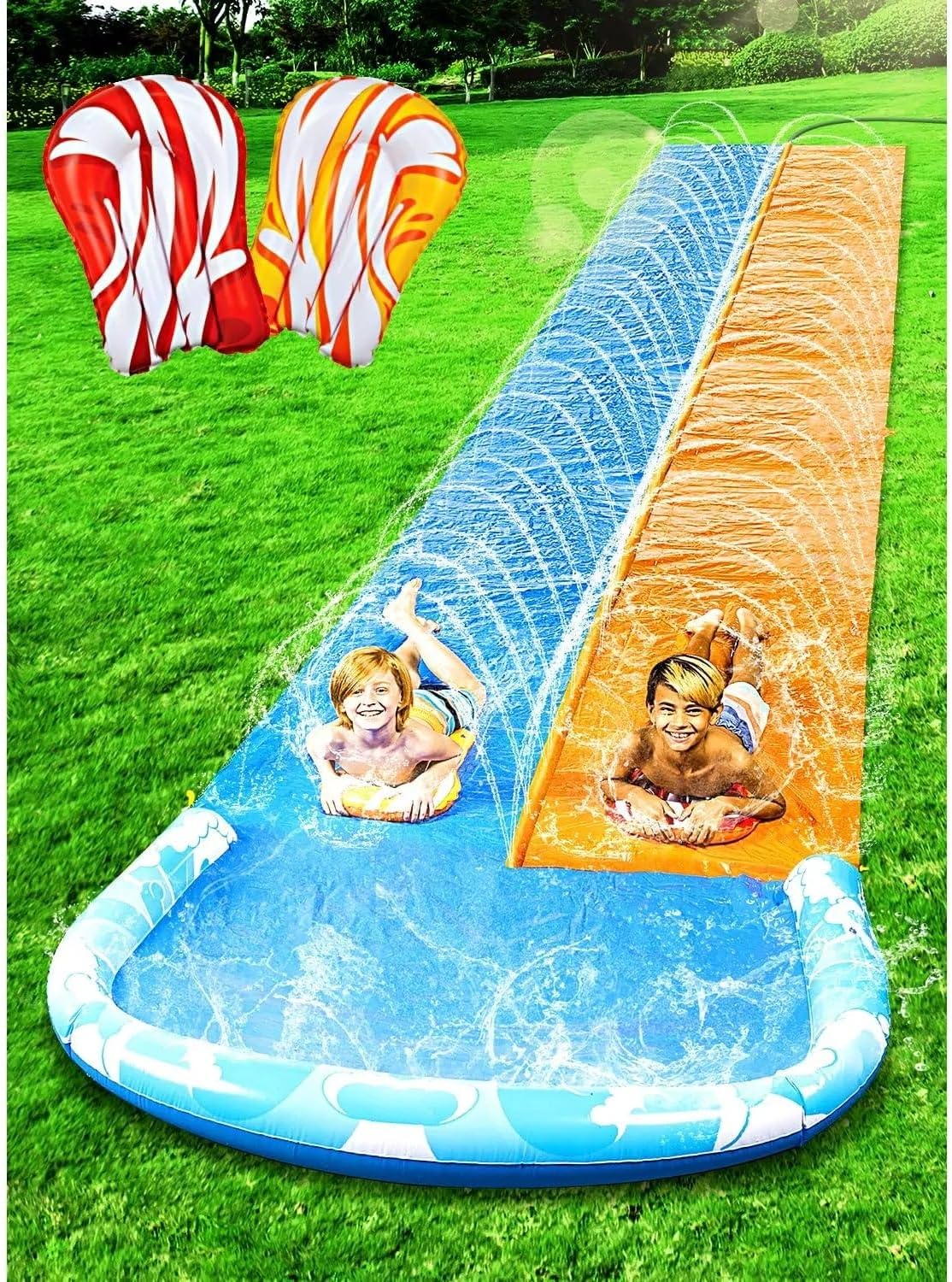 JOYIN 685cm Slip Slide and 2 Bodyboards, Lawn Water Slides Slip N Waterslides Summer Water Toy with Build in Sprinkler for Backyard Outdoor Water Fun for Kids Adults.