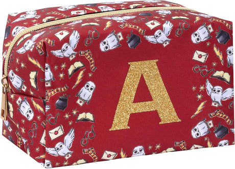 Harry Potter - Personalised Harry Potter Hogwarts Glitter Letter Large Make Up Bag - Personalised Toiletry Travel Cosmetic Bag for Girls - Burgundy.