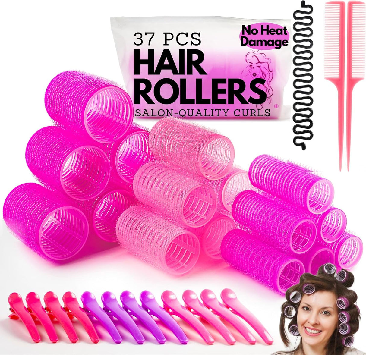 Yes Cart 37 Pcs Hair Rollers With Clips -18 Rollers For Hair Volume (48+36+25mm), Rollers Short hair & Long Hair,12 Clips, 2 Combs, 1 Braid Device | Rollers For Hair Curlers Rollers.