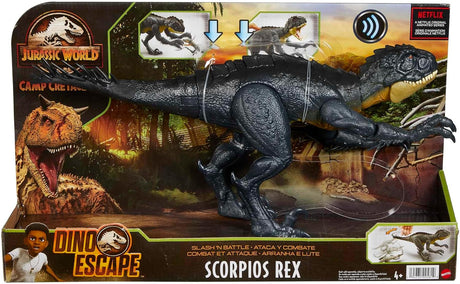 Jurassic World Slash ‘N Battle Scorpios Rex Action & Sound Dinosaur Figure Camp Cretaceous with Movable Joints, Slashing & Tail Whip Motions & Roar Sound, Kids Gift Ages 4 Years & Up, HCB03.