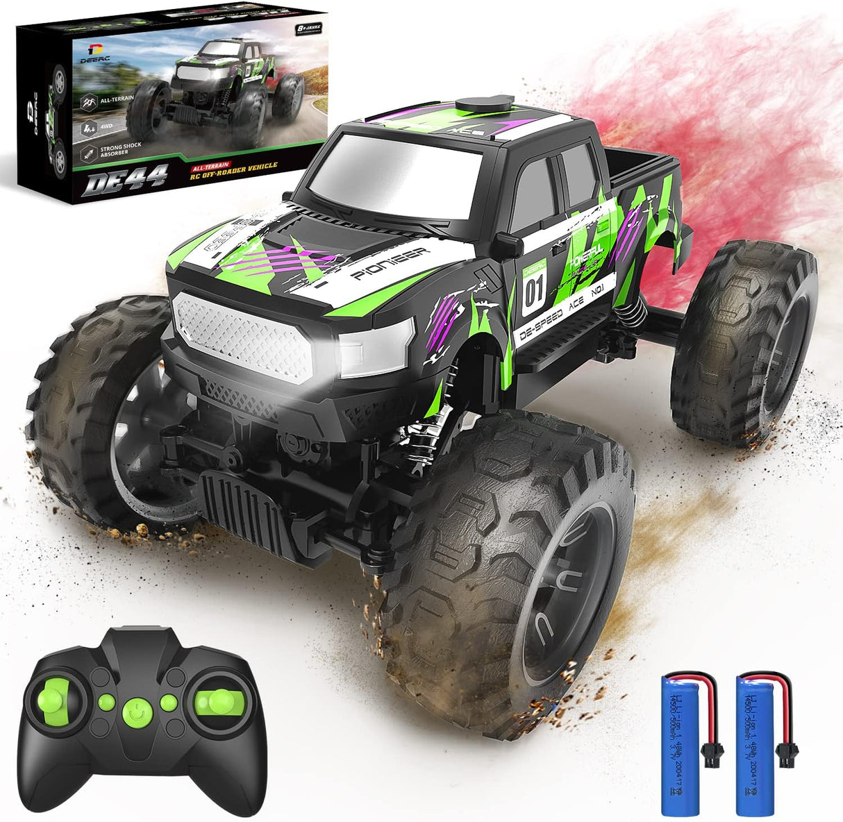 DEERC DE44 1:16 Scale Remote Control Monster Truck with Fog Mist, Dual Motors Off Road RC Car, 4WD Rock Crawler with LED Lights, Spray Water Mist, 70+ Min Play, Toy Vehicle for Boys Girls and Adults….