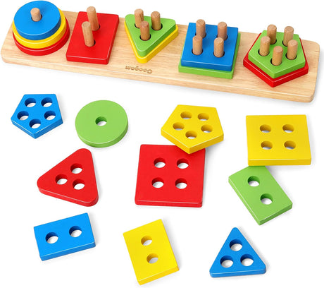 Coogam Wooden Sorting & Stacking Toys, Shape Color Recognition Blocks Matching Puzzle Stacker, Montessori Early Educational Block Puzzles for Years Old Boys and Girls.