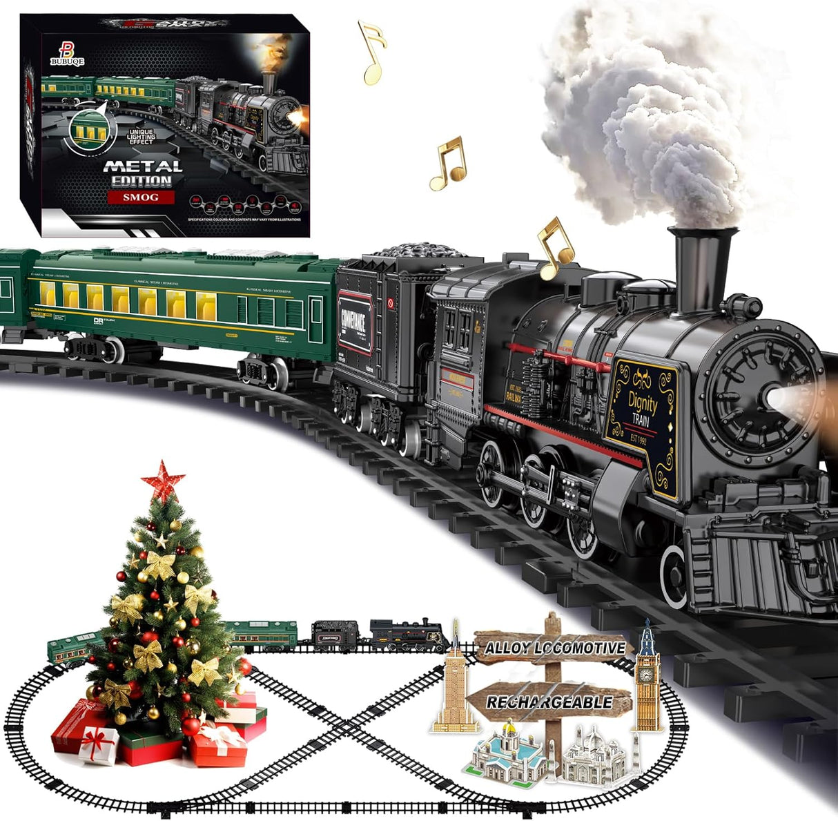 Electric Train Sets for Kids Metal Alloy Christmas Train Toys Steam Locomotive, Glowing Passenger Carriages, Luxury Tracks, Light & Sounds Rechargeable Birthday Gifts for Boys Girls Green.