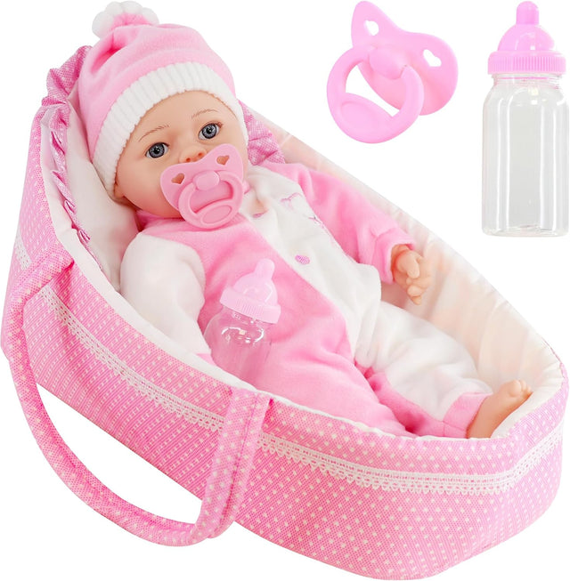 The Magic Toy Shop Bibi Doll - Baby Doll With Sounds & Carry Cot Bed Pillow Carry Handles Carrier Play Set.