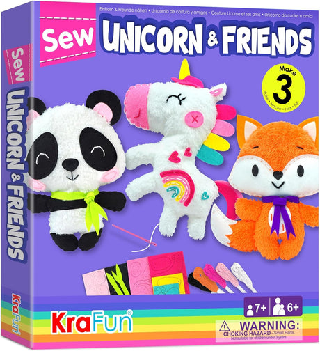 KRAFUN Unicorn Beginner Animal Sewing Kit for Kids Age 7-13 My First Art & Craft, includes 3 Stuffed Animal Dolls Panda, Fox, Instructions & Plush Felt Materials for Learn to Sew, Embroidery.