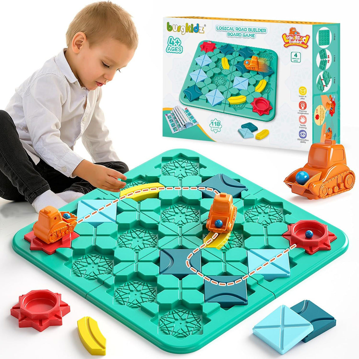 burgkidz Logical Road Builder Game for Kids, Puzzle Track Building Car Maze Board Games with Marble Balls, Enhancing Children's Logic STEM Brain Toys for 4 5 6 7 8 Years Old Boys Girls.