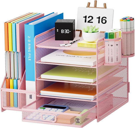 Marbrasse Desk Organiser with File Holder,5-Tier Paper Letter Tray Organiser with Drawer,2 Pen Holder, Mesh Desktop Organizer and Storage with Magazine Holder for Office Supplies (Black).