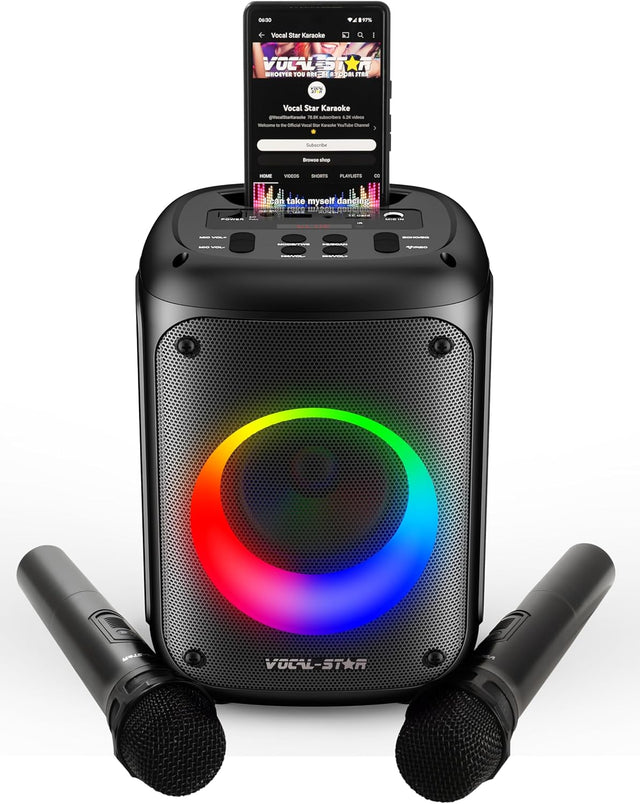 Vocal-Star VS-275 Karaoke Machine with 2 Wireless Microphones, Portable Bluetooth Speaker with phone holder, 60w Speaker, Light Effects, Records Singing, TWS, AUX, Rechargeable.