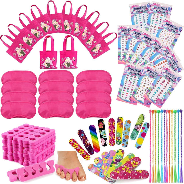 Tacobear 96pcs Spa Party Supplies Pamper Party Bag Fillers, 12 Girls Party Bags, 24 Toe Separators, 24 Emery Boards, 12 Hair Braids, 12 Eye Mask, 12 Unicorn Nail Stickers, Spa Party Favours for Girls.