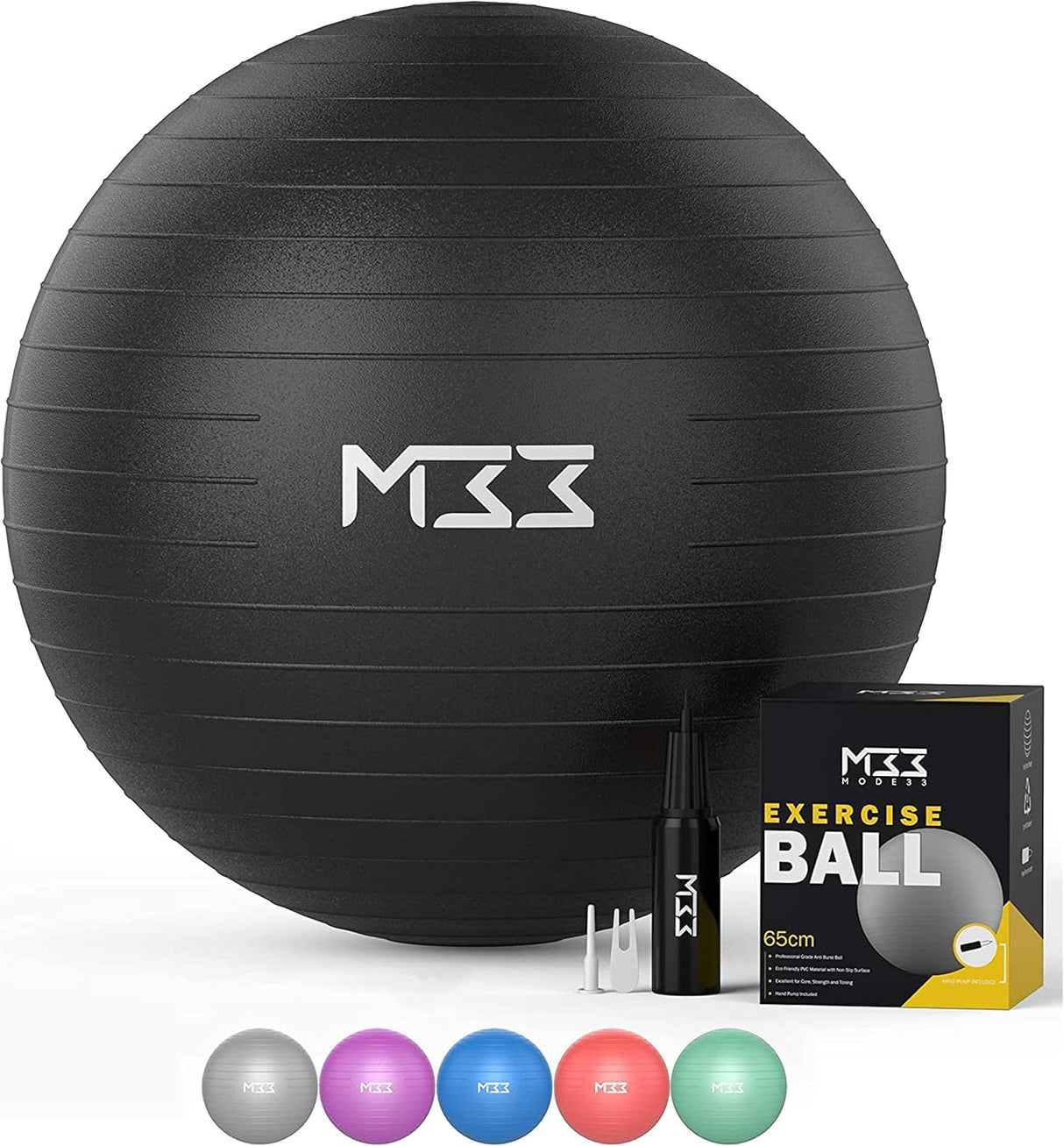 Mode33 Exercise Ball - 55 to 85cm Extra Thick Anti-Burst Yoga Ball with Hand Pump - Gym Ball for Fitness, Pilates, Pregnancy, Labour, Birthing Ball, Swiss Ball - (M (65cm), Black).