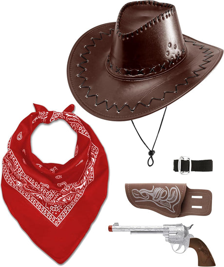 Adult Wild West Cowboy Sheriff Fancy Dress Up Set with Cowboy Hat + Bandanna + Toy Gun with Holster & Belt Pretend Role Play Country Western Rancher.