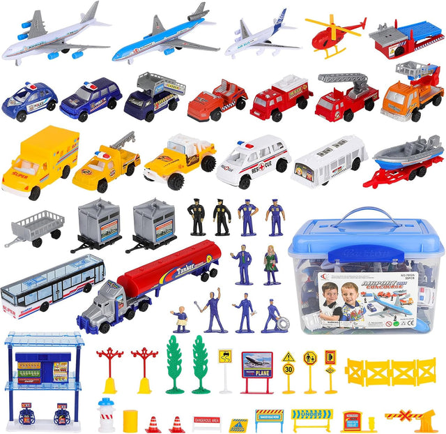 deAO Deluxe 55-Piece Kids Commercial Airport Set in Storage Bucket with Toy Airplanes, Play Vehicles, Police Figures, and Accessories, Multicoloured.