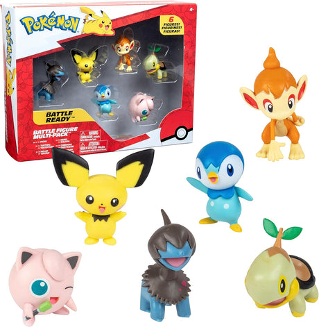 Pokémon Battle Figure Toy Set - 6 Piece Playset - Includes 2" Pichu, Yamper, Turtwig, Piplup, Chimchar & Deino - Generation 4 Diamond & Pearl Starters - Gift for Kids, Boys & Girls.