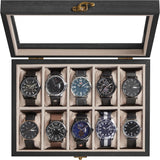 SONGMICS Watch Box with 12 Slots, Watch Case, Solid Wood Watch Box Organiser with Glass Lid, Watch Display Box with Removable Pillows, Gift Idea, Ebony Black JOW120B01.