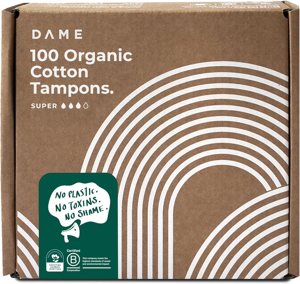 DAME, Toxin-Free Tampons, 100 Super Tampons, 100% Organic Cotton, Plastic-Free, Biodegradable & Hypoallergenic Tampons, No Harsh Chemicals, Buy Bulk Tampons.