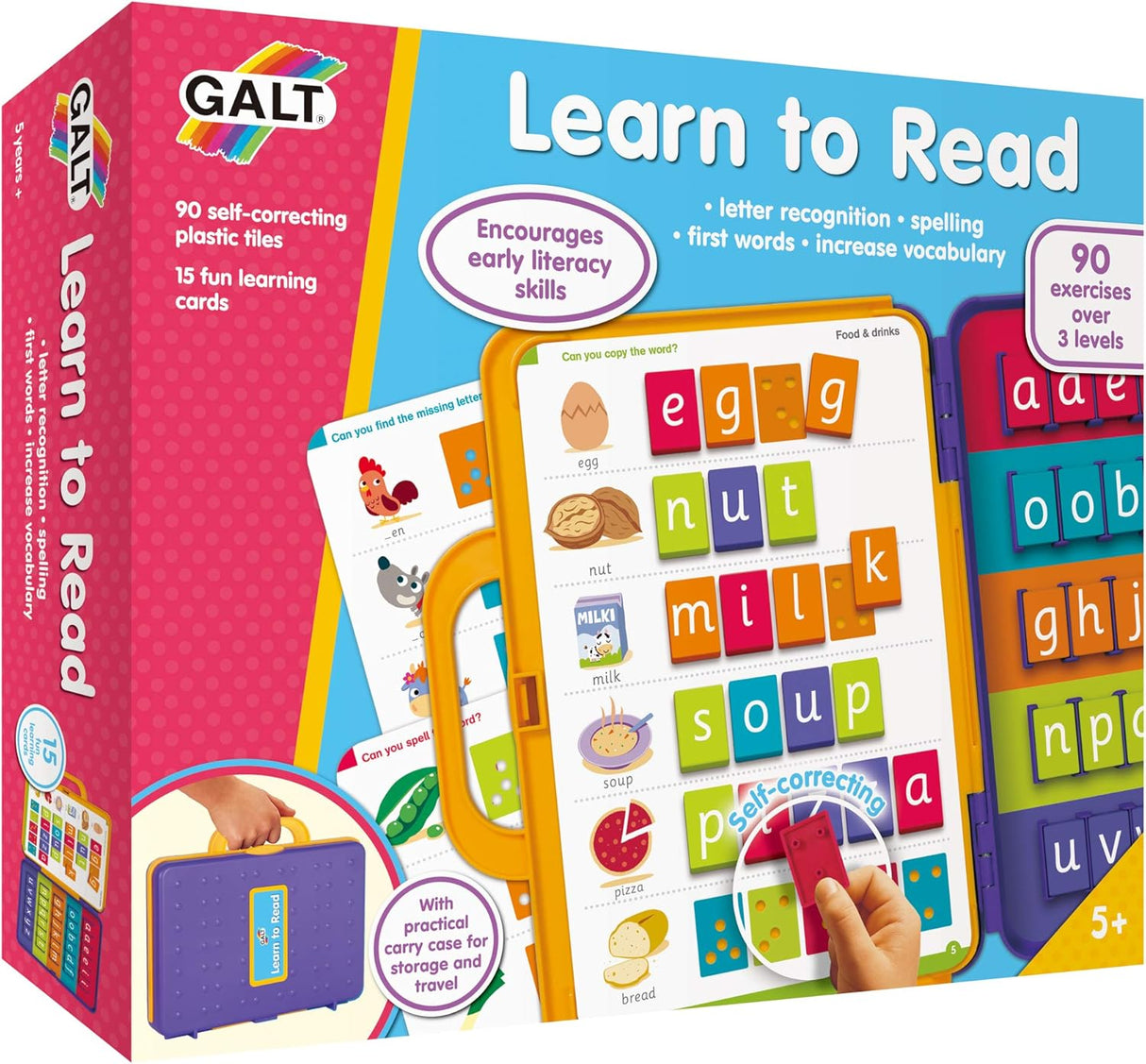 Galt Learn to Read - Word Learning Games for Kids - Improves Letter and Word Recognition, Spelling and Vocabulary Skills - 90 Exercises, 3 Difficulty Levels and Carry Case - Children Ages 5 Years Plus.